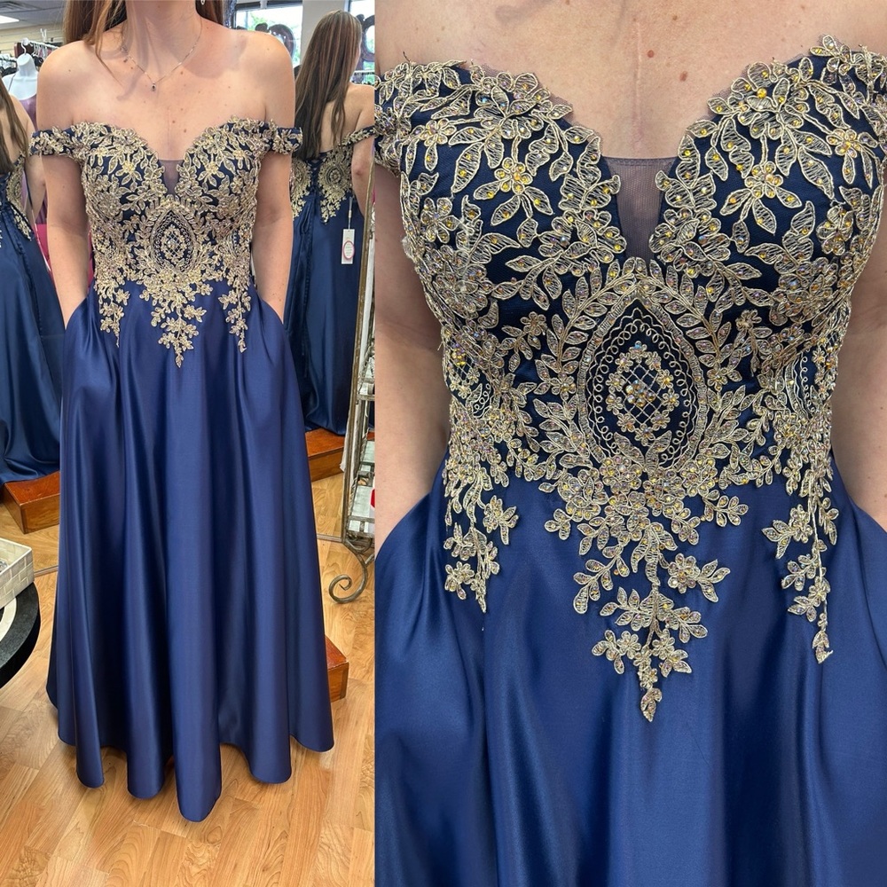 Off-Shoulder Navy Prom Dress with Gold Embroidered Bodice